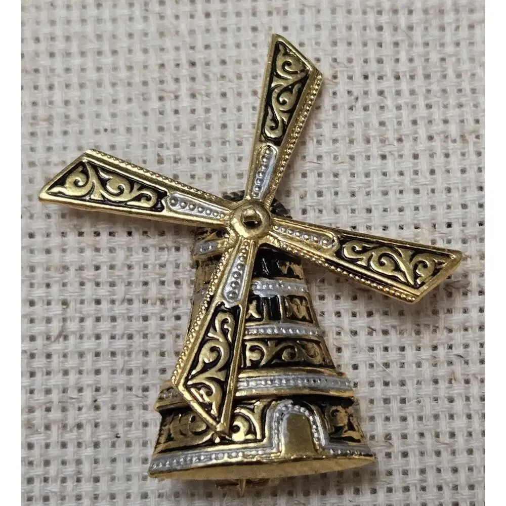 Vintage Spain Damascene Windmill Brooch Spins